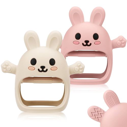 2 Pack Baby Teething Toy for 3-6 6-12 Months, Silicone Bunny Teething Mitten, Anti Drop Wrist Hand Baby Teethers 0 3 6 9 12 Months for Babies Sucking Needs (Beige & Light Pink)