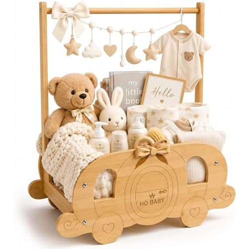 Fun-Plus Baby Shower Basket, Wooden Baby Shower Crate with Handle, Pumpkin Carriage Gift Basket for Baby Shower Centerpiece, Rustic Baby Gift Basket for New Parents