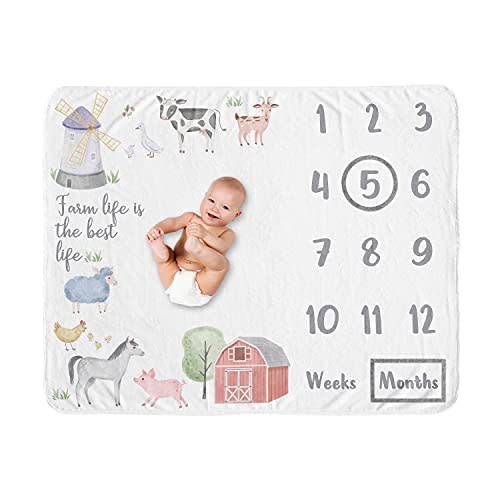 Sweet Jojo Designs Farm Animals Boy or Girl Milestone Blanket Monthly Newborn First Year Growth Mat Baby Shower Memory Keepsake Gift Picture - Watercolor Farmhouse Barn Horse Cow Sheep Pig Farm Life