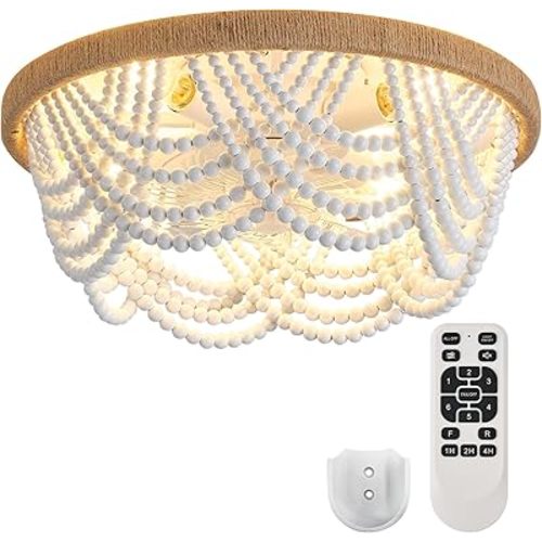Ceiling Fans with Lights and Remote - Bulbs Included, Caged Fandelier with Handcrafted Beaded Décor 19 inches Reversible Flush Mount Installation Ceiling Fan, White