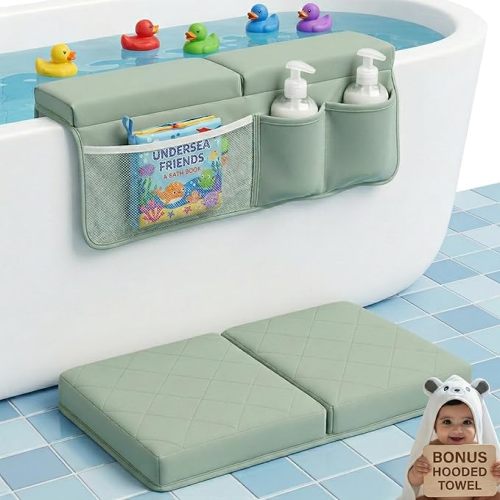 2inch XL Baby Bath Kneeler and Elbow Rest Pad Set + Hooded Towel - Embroidered Kneeling Pad for Bathing Baby - Dual-Layer Memory Foam Bathtub Kneeler and Elbow Rest Set