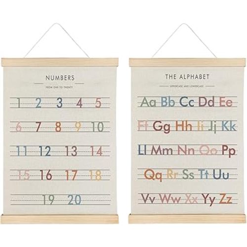 Qvapt Alphabet Wall Art Posters,Alphabet Wall Chart, Alphabet Hanging Decor,Number Alphabet Poster for Kids,Abc Banner, Alphabet Number Posters 12x16 with Hanger, Alphabet and Numbers Flag, Set of 2
