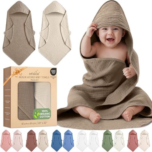 100% Organic Cotton 2 PK Muslin Baby Hooded Towel Toddler 32x32 in