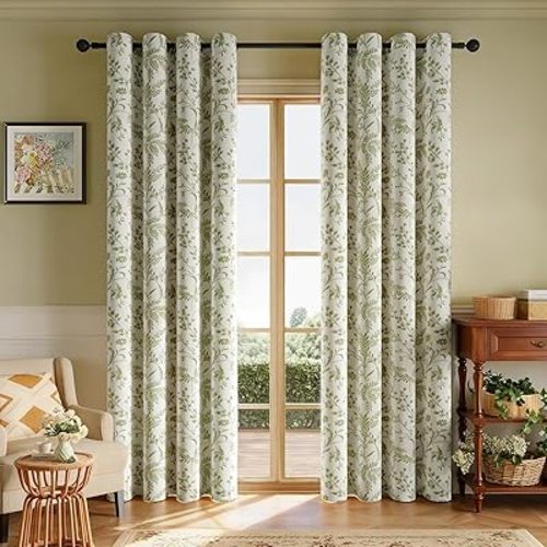 Rinwoc Vintage Leaf and Floral Print Blackout Curtains Set of 2 Panels 84 Inch, Grommet Top Linen Textured Drapes for Bedroom Living Room Thermal Room Darkening Green (W52xL84)