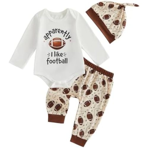 Baby Boy Football Outfit Apparently I Like Football Print Romper Pants Knot Hat Set Infant Game Day Fall Clothes