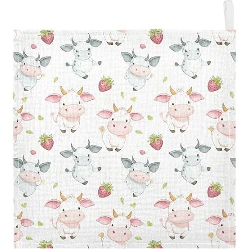 vvfelixl Cow Pink Cartoon Strawberry Baby Burp Cloths Baby Muslin Washcloths for Boys Girls Cotton Babys Face Towel for Newborn Infants Soft and Absorbent 11.8 X 11.8 in, 5 Pack