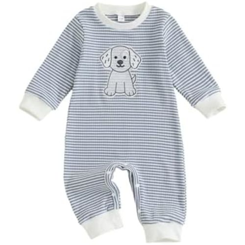 Newborn Baby Boy Hunting Outfit Dog Waffle Striped Long Sleeve Romper Jumpsuit One Piece Bubble Clothes