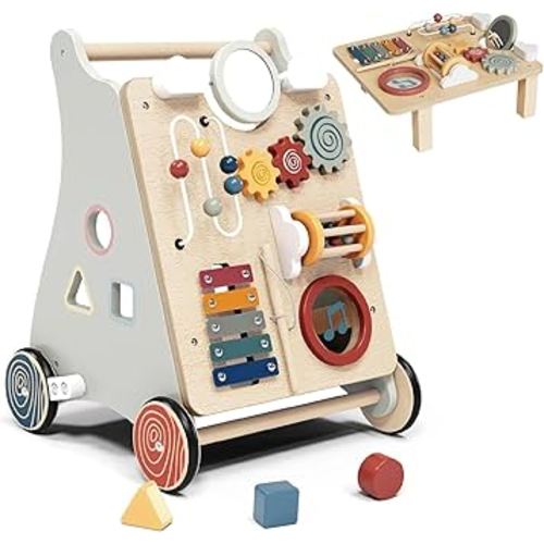 Baby Push Walker with Detachable Busy Board, Wooden Baby Walker with Adjustable Speed Wheels, Montessori Push Walker for Babies, Push Walking Toys for Boys & Girls 1 Year Old, Gifts for Toddler