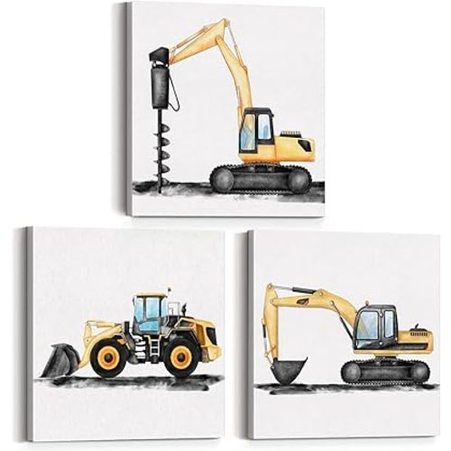 Set of 3 Construction Truck Nursery Framed Wall Art Decor Watercolor Digger Dump Truck Vehicle Canvas Paintings Prints Posters for Home Kids Toddler Boys Bedroom Playroom, 12x12 Inch