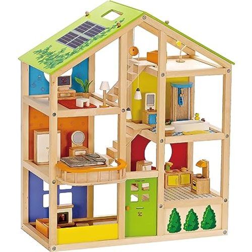 All Seasons Kids Wooden Dollhouse by Hape | Award Winning 3 Story Dolls House Toy with Furniture, Accessories, Movable Stairs and Reversible Season Theme L: 23.6, W: 11.8, H: 28.9 inch