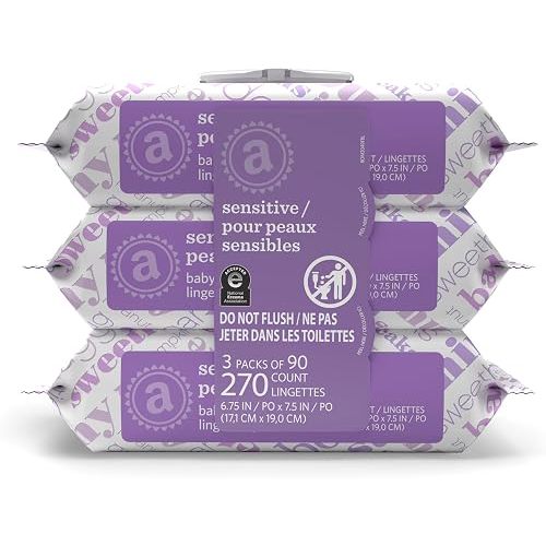 Amazon Elements Baby Wipes, Sensitive, Unscented, Cleans Gently, 270 Count, Flip-Top Packs, Pack of 3