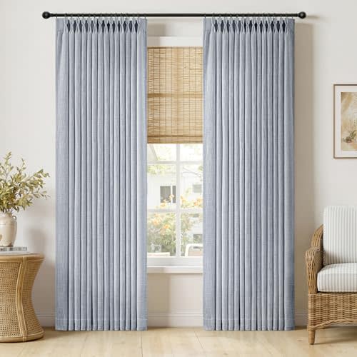 MIULEE Pinch Pleated Thick Linen Curtains 90 Inches Long 2 Panels for Living Room Bedroom, Linen Textured Memory Trained Pleat Drapes Back Tab Light Filtering Light Blue Window Curtains with Hooks