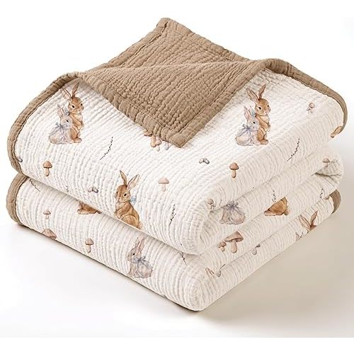 lulumoon Muslin Baby Blanket Neutral: 4-Layer Soft Cotton Toddler Blanket for Daycare with Bunny- Ideal for Stroller 47"x47" (Brown Bunny)