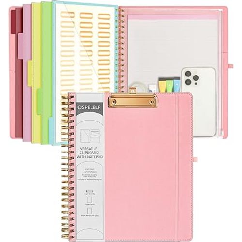 Ospelelf Pink Foldable Spiral Clipboard Folio with Storage Zipper Pouch, 5 Plastic Folders with 10 Pockets,Refillable Lined Notepad (11" x 8.5"), Hardcover Project Organizer with 39 Stickers