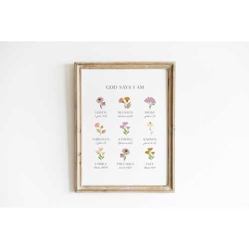 God Says I Am Wildflower Wall Art Bible Verse Print Christian Nursery Decor Botanical Scripture Art Girl Room Affirmations Faith HOS10-A1
