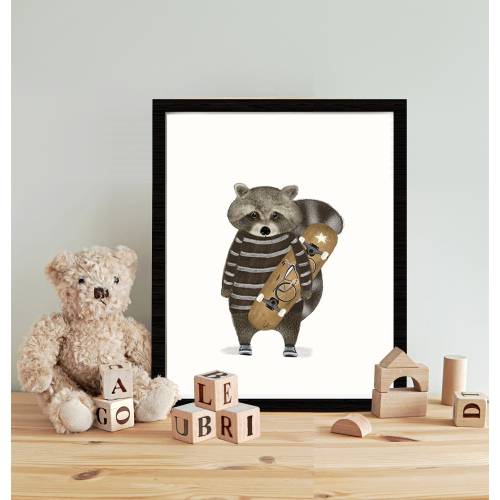 Skate Raccoon. Nursery art, Children's wall art, Cute illustrations, Skateboarding wall art, Children's picture, Baby nursery art prints