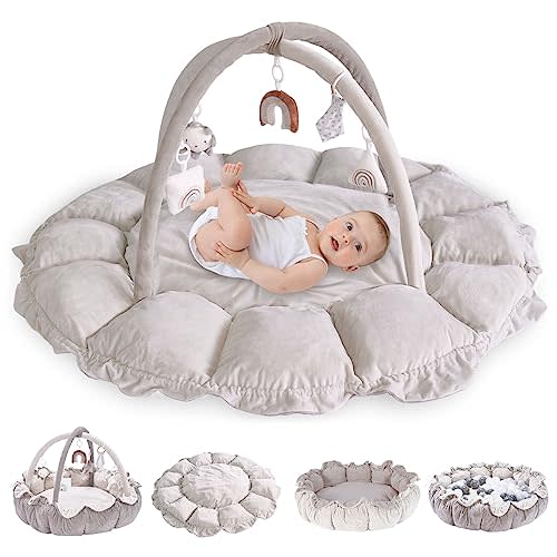 5-in-1 Convertible Baby Play Gym with 6 Toys, Tummy Time Mat for Sensory Development, Baby Activity Center from Newborn to Toddler, Ball Pit, Cat & Dog Bed, Soft Plush Pet Bed, No Ball Included