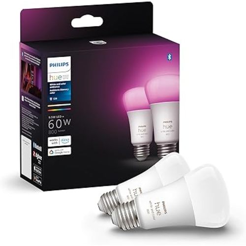 Philips Hue Smart 60W A19 LED Bulb - White and Color Ambiance Color-Changing Light - 2 Pack - 800LM - E26 - Indoor - Control with Hue App - Works with Alexa, Google Assistant and Apple Homekit