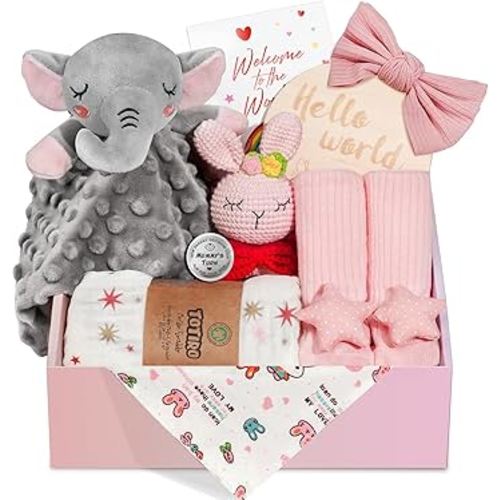 Newborn Baby Girl Gift, 9 Pcs Baby Gifts for Girls Newborn Essentials, New Baby Girl Gift Basket Baby Shower Gender Reveal Gifts, New Mom Gift Swaddle Blanket Bunny Rattle Gift Set