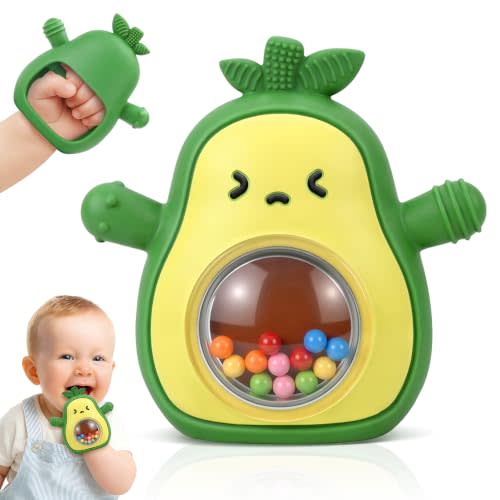 Avocado Baby Teething Toy with Rattle, Silicone Teether Mitten 3-12 Months | BPA Free, Anti Drop Teething Glove, Easy to Grip, Baby Teether for Teething Relief, Infant Chew Toys, Newborn Gifts