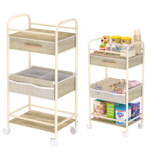 Baby Cart Organizer, Oxford Fabric Diaper Cart with Wooden Divider | Drawers and Removable Dividers Enable Flexible Storage, Multifunctional Diaper Caddy Cart Suitable for Indoor Nursery