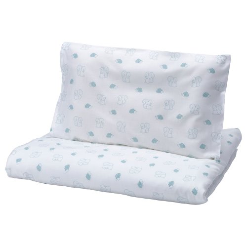 LEN Duvet cover 1 pillowcase for crib - white blue/squirrel and hedgehog pattern 110x125/35x55 cm (43 1/4x49 1/4/13 3/4x21 5/8 ")