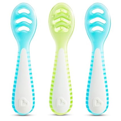 Munchkin® Gentle Dip™ Baby Spoons for Self Feeding and Baby Led Weaning, 3 Pack, Blue/Green