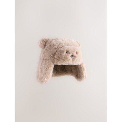 Beige Faux Fur Bear Faced Baby Trapper Hat