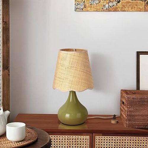 Green Cute Small Boho Table Lamp for Bedroom Bedside, Green Bedroom Lamps for Nightstand, Small Scalloped Rattan Shade Table Lamps for Small Spaces for Bedroom, Home Office, Living Room, Kids Dorm