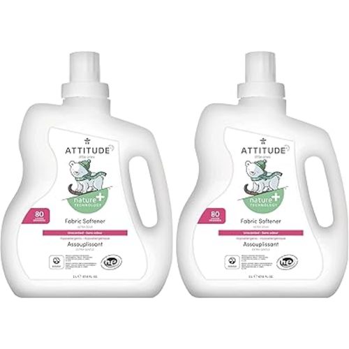 ATTITUDE Baby Fabric Softener, Plant and Mineral-Based Ingredients, HE Compatible, Vegan and Cruelty-free Laundry and Household Products, Unscented, 80 Loads, 67.6 Fl Oz (Pack of 2)
