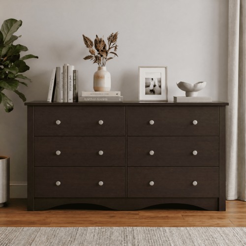 "Homall 6 Drawer Wood Dresser, Double Tier Storage Cabinet, Brown Finish, 58.3"" x 15.2"" x 26.4"