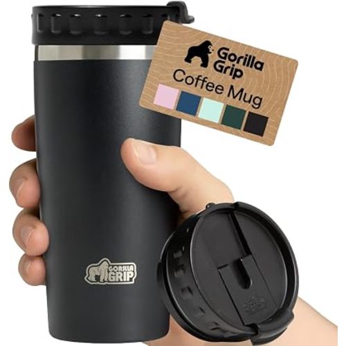 GORILLA GRIP 304 Stainless Steel Double Insulated Travel Coffee Mug, Leakproof Lid with Smooth Sip Top, Prevent Spills, Dent & Rust Resistant Reusable Tumbler Cup, Thermal Mugs for Drinks, 20oz, Black
