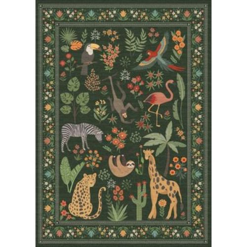9x12 Washable Animal Rugs Soft Low Pile Non Slip Large Forest Jungel Carpet for Living Room Bedroom Dining Nursery Farmhouse Laundry, Green