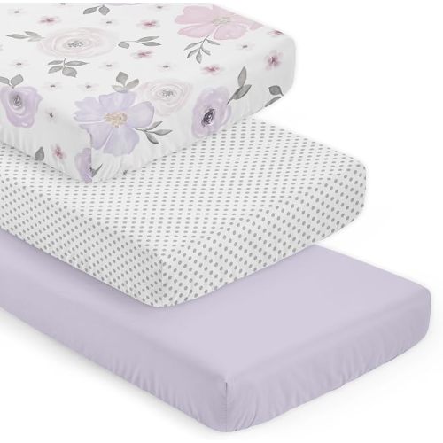Sweet Jojo Designs 3-Piece Baby Crib Sheets Set (Purple Boho Floral) for Girls, Infant Nursery, Toddler Room - Fitted, Standard Size (Solid Lavender, White/Grey Polka Dots & Bohemian Shabby Chic Rose)