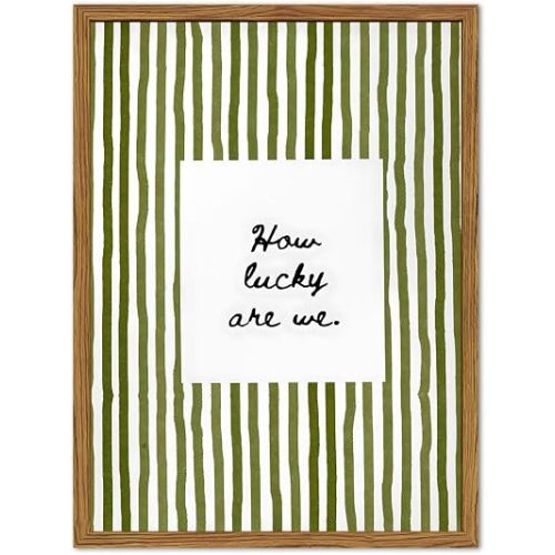 Framed How Lucky Are We Wall Art, Green Striped Pictures Wall Decor, Trendy Inspirational Quote Paintings Canvas Prints Preppy Home Decor for Living Room Bedroom Office Dorm 12x16 inch
