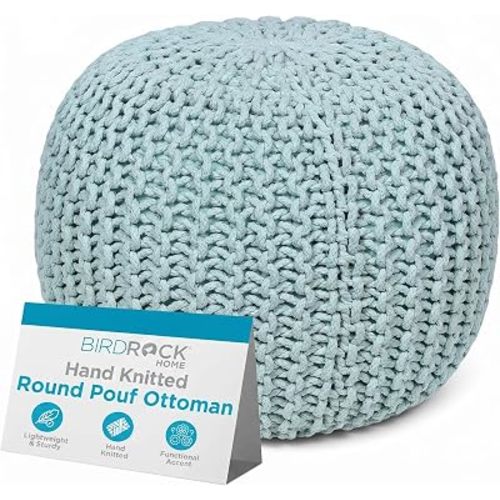 BIRDROCK HOME Round Pouf Ottoman Foot Rest - 18.5”x18.5”x15” Boho Compact Comfortable Soft Cotton Braided Foot Stool with Bean Bag Filling for Living Room, Bedroom, or Nursery (Sage Green)