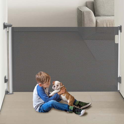 "Fxcoia Retractable Safety Gate, Adjustable Baby and Pet Mesh Dog Gate for Doorways and Stairs, 55"" Wide x 38"" Tall, Gray"