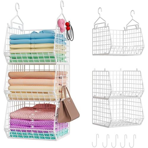 X-cosrack 3 Tier Foldable Closet Organizer, Clothes Shelves with 5 S Hooks, Wall Mount&Cabinet Wire Storage Basket Bins, for Clothing Sweaters Shoes Handbags Clutches Accessories-White Patent Design