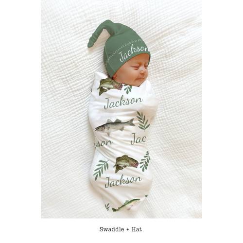 Fishing Baby Boy Blanket Hat -Personalized Baby Shower Gift Hospital Custom Name Announcement Fisherman Coming Home Outfit Fish Baby Swaddle
