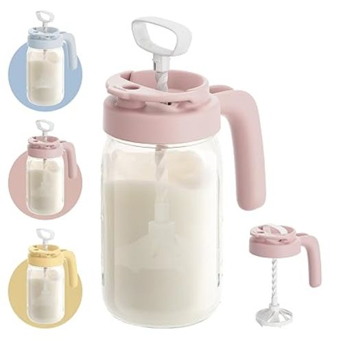 Papablic Glass Formula Pitcher, Fast Baby Breastmilk Maker with Mixing Handle Lid, Wide Mouth Mason Jar Breast Milk Storage Container with Flip-Lock Spout, BPA-Free, Pink