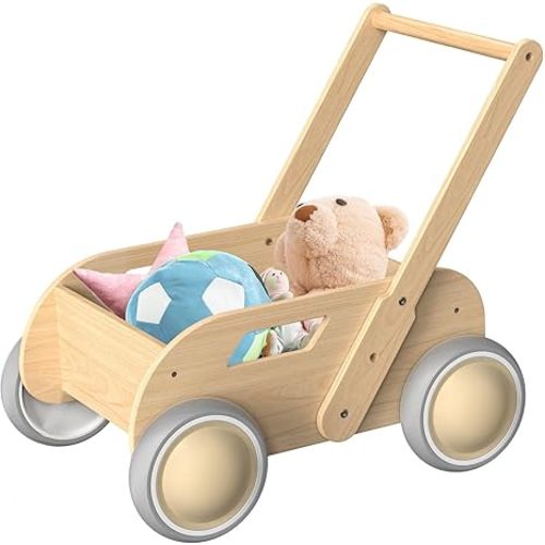 Wooden Baby Push Walker, Natural Wood Color | Adjustable Height, with Rubber Wheels, for Boys and Girls, Gift for Birthday, Christmas and New Year