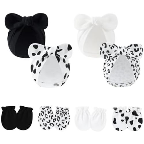 LIDHAY 4PCS Newborn Baby Hospital Hats Beanie Bow Infant Caps Cotton Preemie Hats No Scratch Mittens Set for 0-1 Years Old