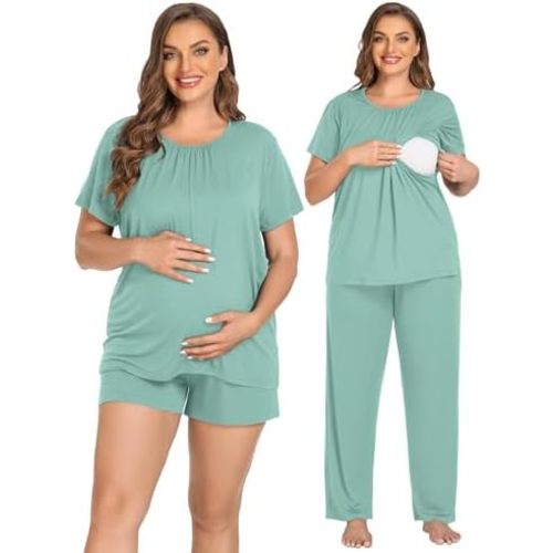 SWOMOG Women 3Pcs Maternity Pajama Set Nursing Pjs Pregnancy Set Breastfeeding Pjs Double Layer with Pockets