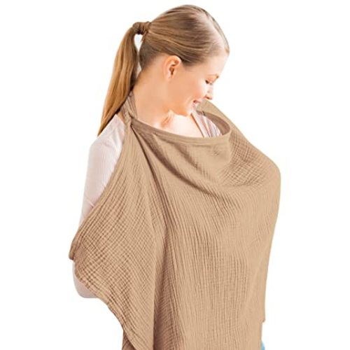 Konssy Muslin Nursing Cover for Baby Breastfeeding, Breathable 100% Cotton Breastfeeding Cover with Rigid Hoop for Mother Nursing Apron, Multi-use Carseat Canopy (Camel)