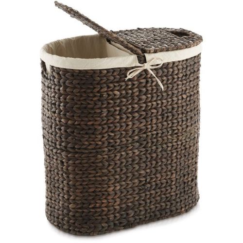 Casafield Oval Laundry Hamper with Lids and Removable Liner Bags - Espresso Dark Brown, Woven Water Hyacinth 2-Section Laundry Basket for Clothes