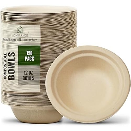 Compostable Bowls 12 OZ/350ml 150Pcs – Bamboo & Bagasse Disposable Bowls for Hot Soup-Temperature Resistant & Microwave Safe – Paper Bowls Disposable for Daily Meals