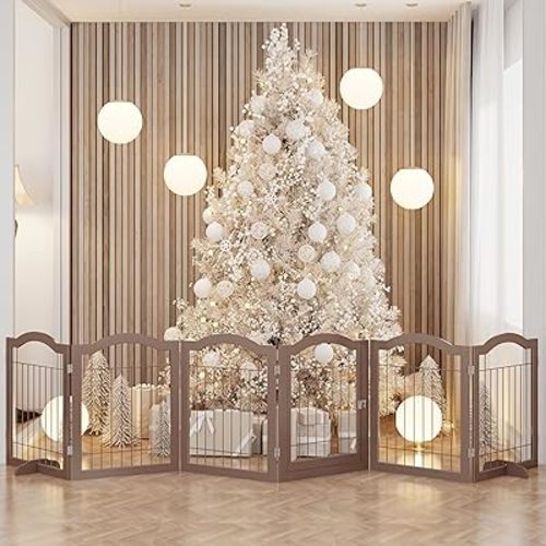 Vantas Folding No-Assembly Dog Door Pet Gate 144" Wide, 30" Tall Wooden Dog Gate with Door Walk Through, Freestanding Wire Pet Gate, Pet Puppy Safety Fence, with 2PCS Support – Espresso