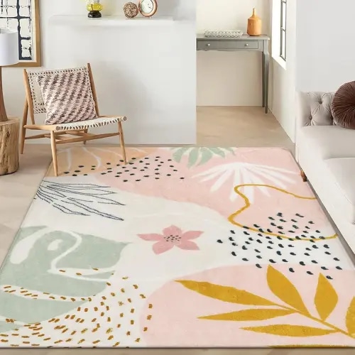 Lahome Washable Pink Area Rug 9x12 - Living Room Carpet Non-Slip Backing Ultra-Thin Extra Large Lightweight Throw Non Shedding Dining Room Rug, Boho Botanical Print Rug for Bedroom Guest Room Home