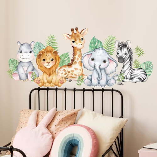 41.3 x 15.7 Inch Watercolor Jungle Animal Wall Decals - Forest Safari Elephant Lion Monkey Stickers for Baby Nursery, Playroom, Bedroom, Classroom, Kindergarten Decor ，Transparent PVC sticker