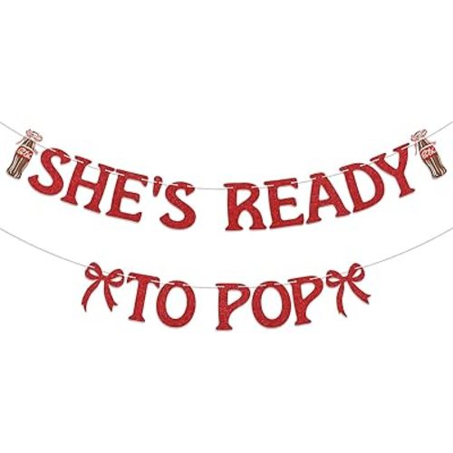 She's Ready to Pop Banner Ready to Pop Baby Shower Decorations Soda Dinner Party Banner, Soda Pop Theme Baby Sprinkle Photo Background Red Glitter